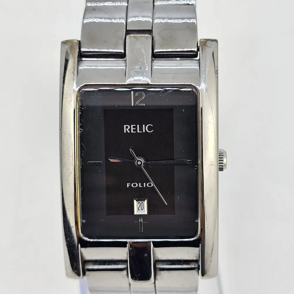 Relic‎ Tank Watch Men 27mm ZR77044 Silver Tone Black Dial Date New Battery 7.5